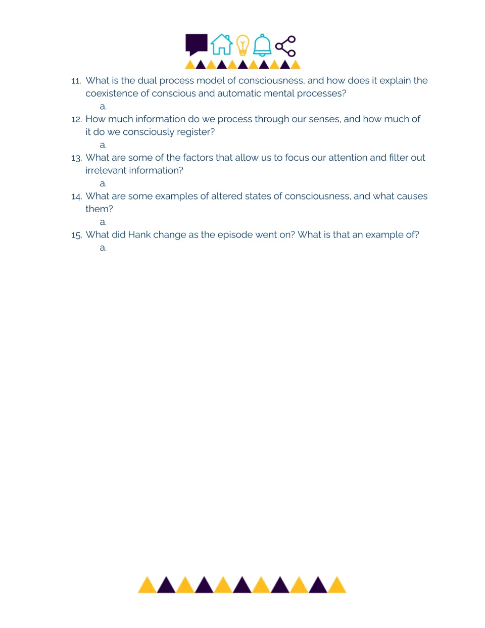 Consciousness questions 11-15: students explain the dual process model, attention filtering and altered states