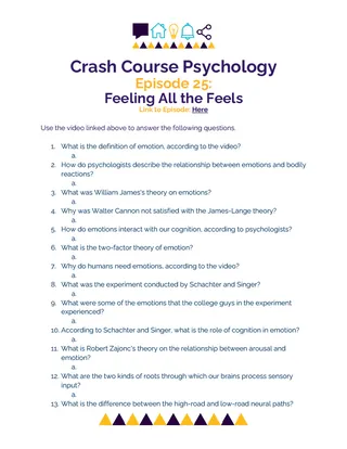 Crash Course Psychology Episode Worksheet | 25 - Feeling All the Feels – cover