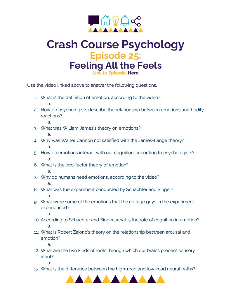 Crash Course Psychology Episode Worksheet | 25 - Feeling All the Feels – cover