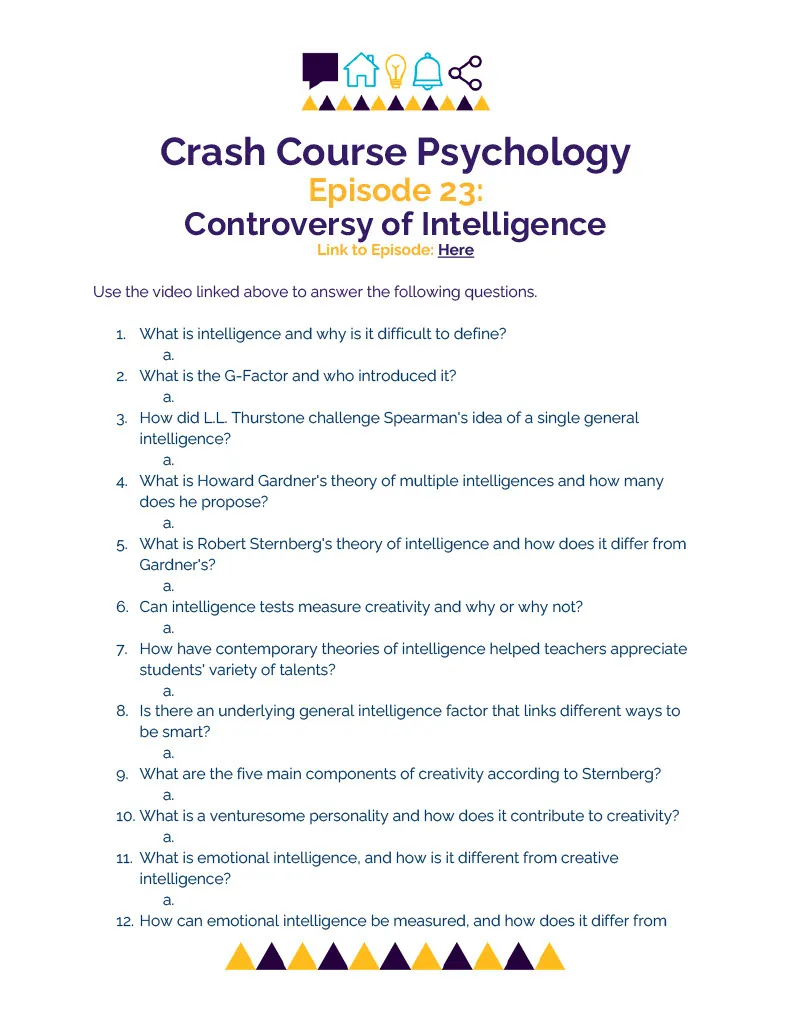 Crash Course Psychology Worksheet | 23 - Controversy of Intelligence – cover