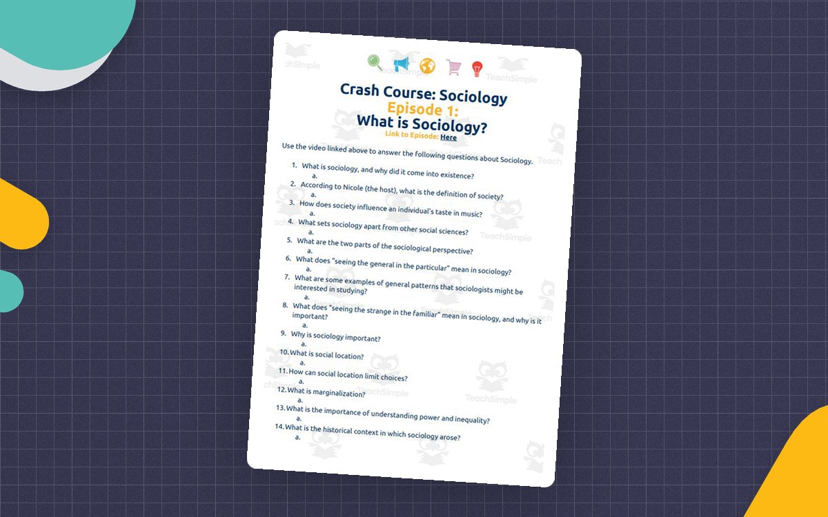 Crash Course Sociology Episode 1 What Is Sociology worksheet with fourteen numbered questions and small colorful icons.