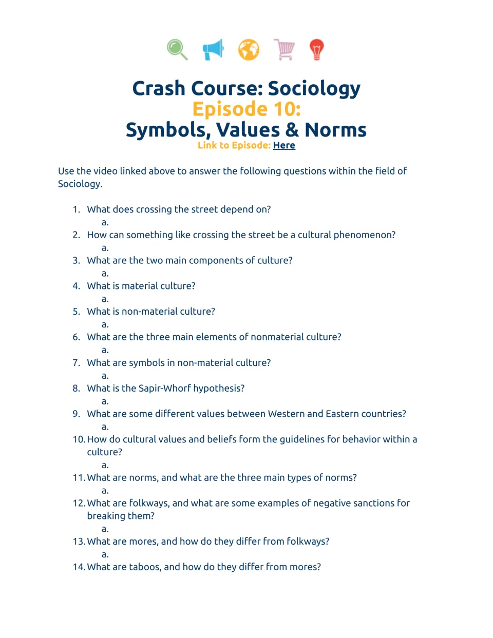 Video worksheet questions 1–14 on culture, symbols, values, norms, the Sapir-Whorf hypothesis, and taboos.