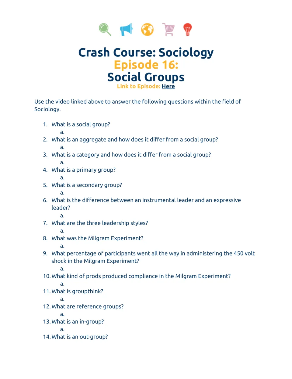 Social groups video worksheet, questions 1–14 on group types, leadership, Milgram's experiment, and groupthink.