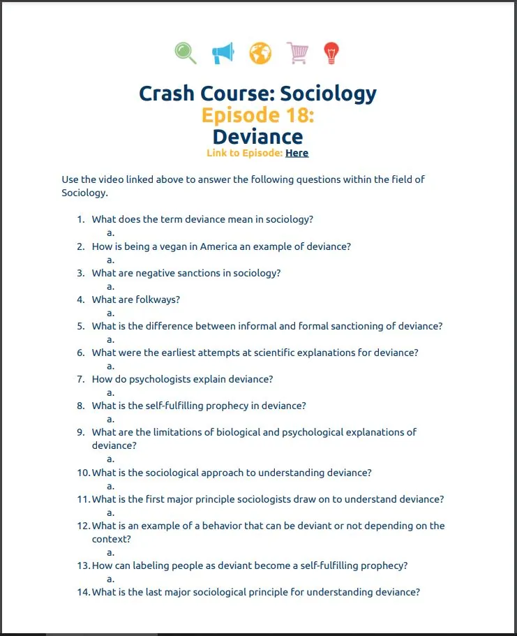 Crash Course Sociology #18: Deviance Student Worksheet – cover