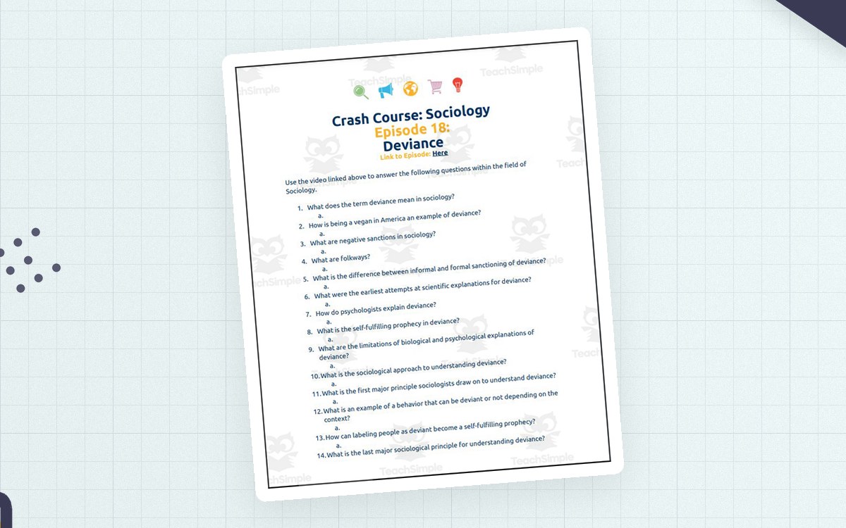 Crash Course Sociology #18: Deviance Student Worksheet cover with the resource title.