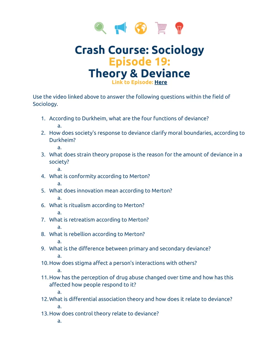 Deviance video questions: students answer 13 items on Durkheim, Merton's strain theory, stigma and control theory