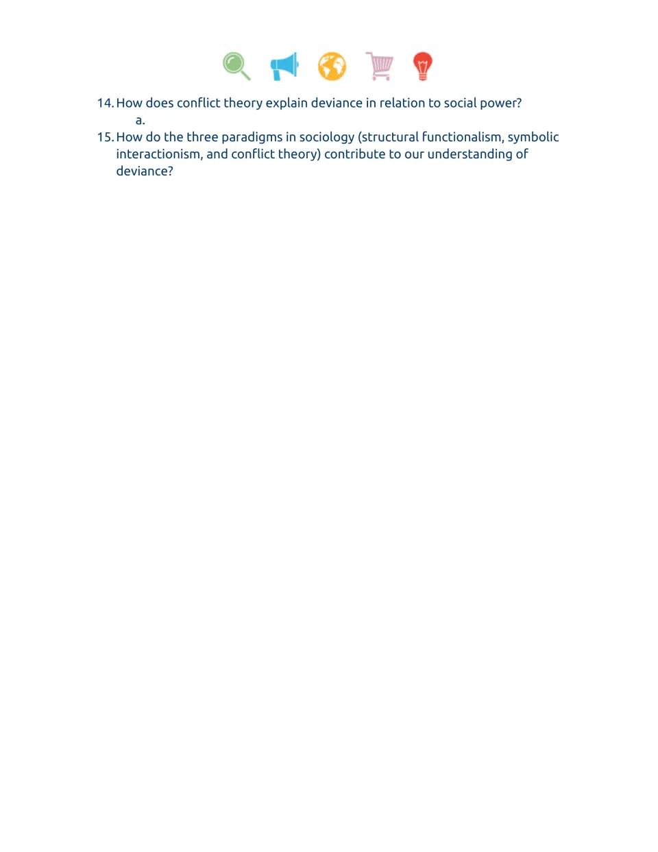 Deviance questions 14-15: students explain conflict theory and social power, then compare three sociological paradigms