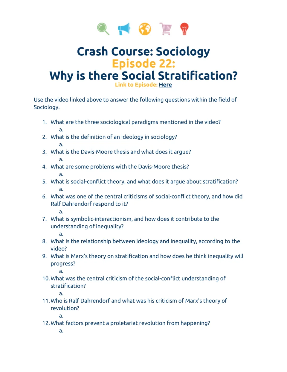 Video worksheet questions 1–12 on social stratification, the Davis-Moore thesis, Marx, and Dahrendorf.