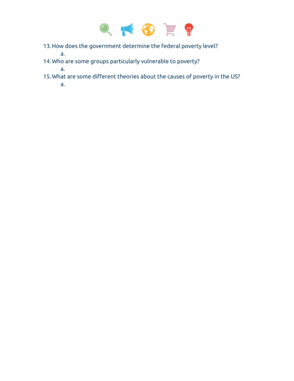 Video worksheet questions 13–15 on the federal poverty level, vulnerable groups, and causes of poverty.