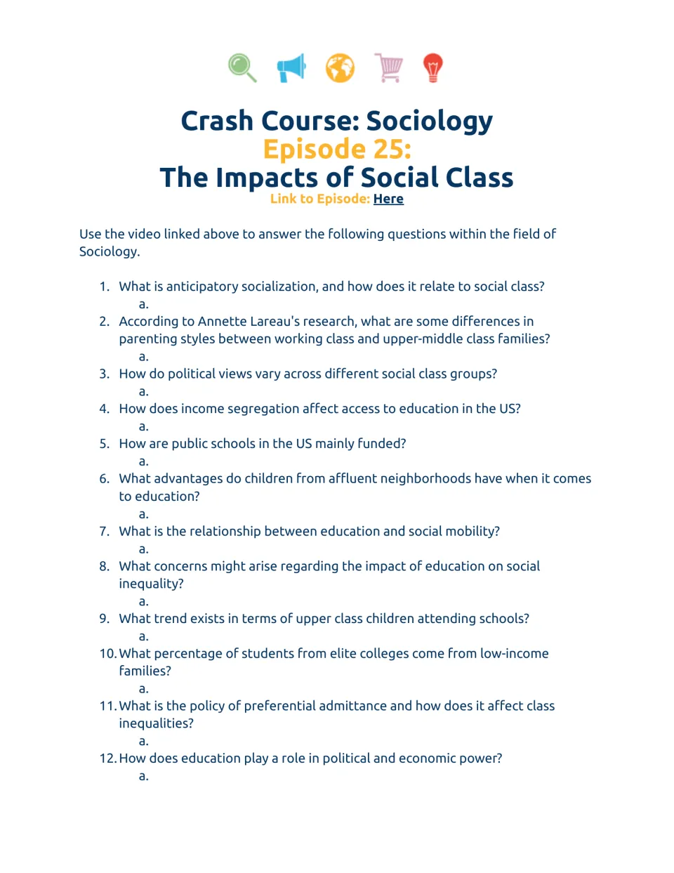 Video worksheet questions 1–12: socialization, parenting, political views, education, and social mobility