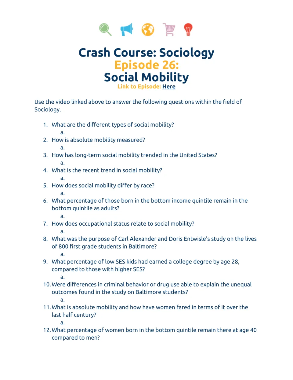 Social mobility video worksheet, questions 1–12 on mobility types, income, race, education, and gender.