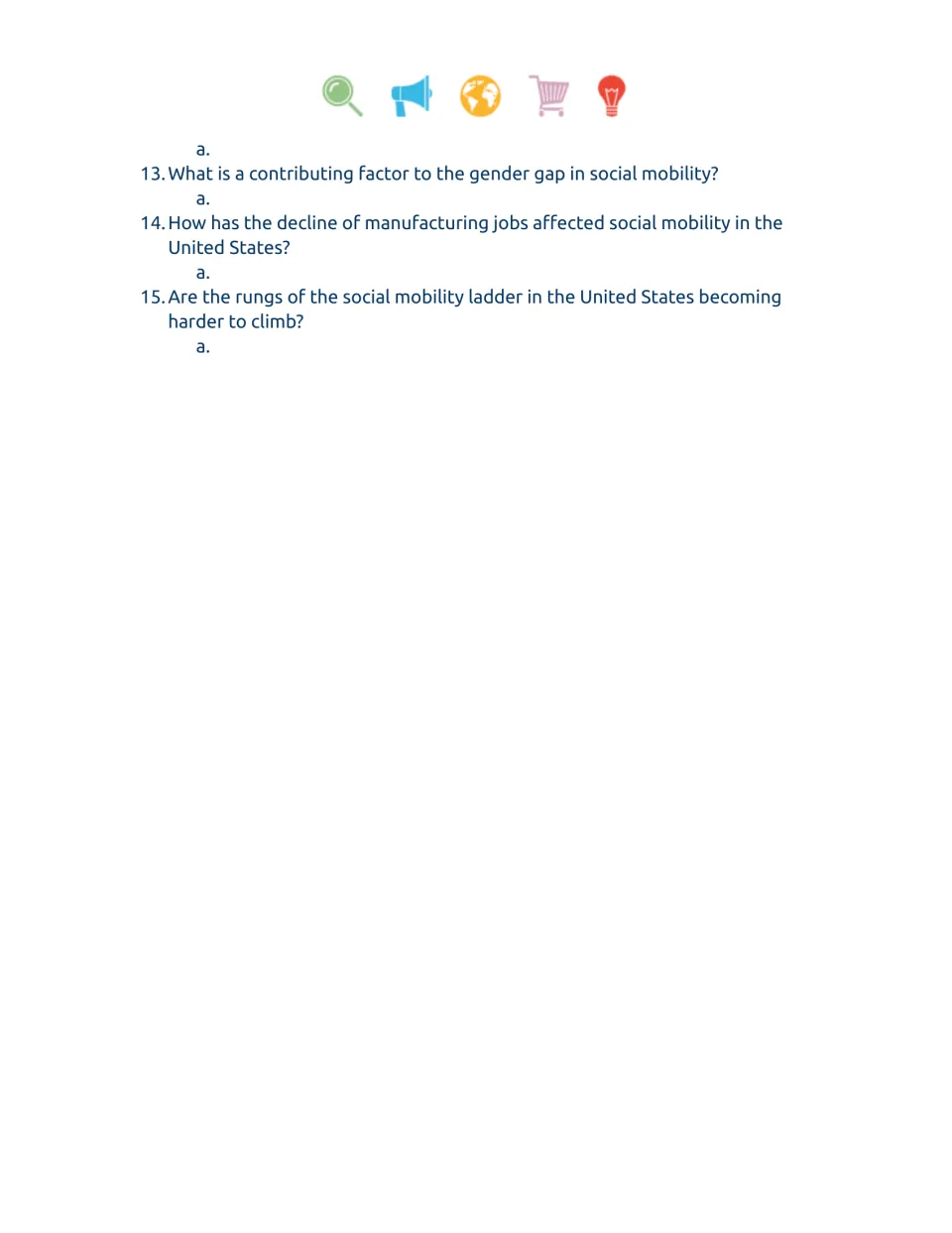Social mobility video worksheet, questions 13–15 on the gender gap, manufacturing jobs, and upward mobility.