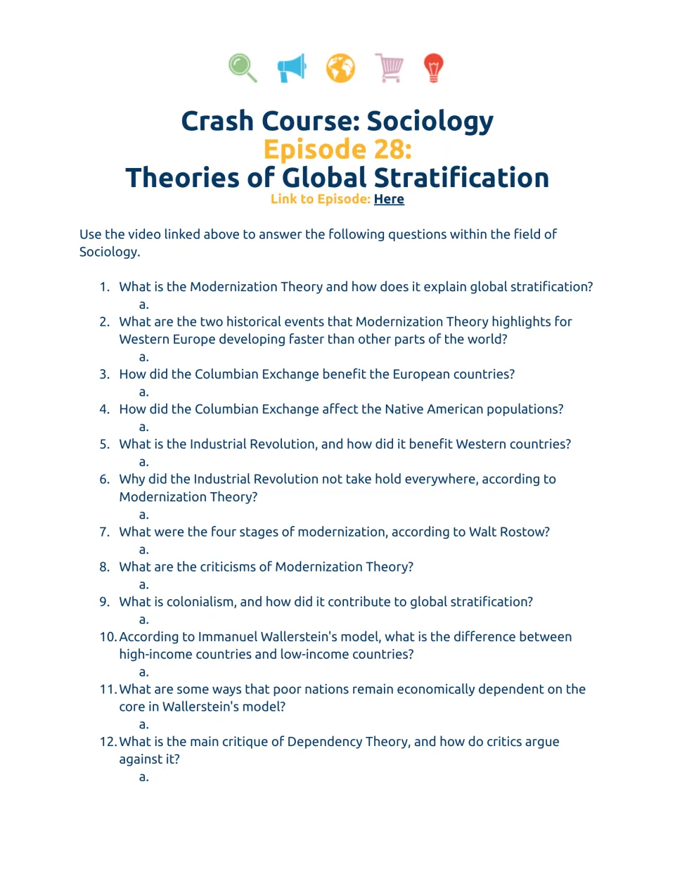 Video companion worksheet questions 1–12 on modernization, colonialism, and theories of global stratification.
