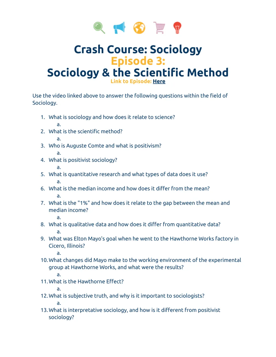 Student worksheet questions 1–13 on sociology, scientific methods, research data, and the Hawthorne Effect.