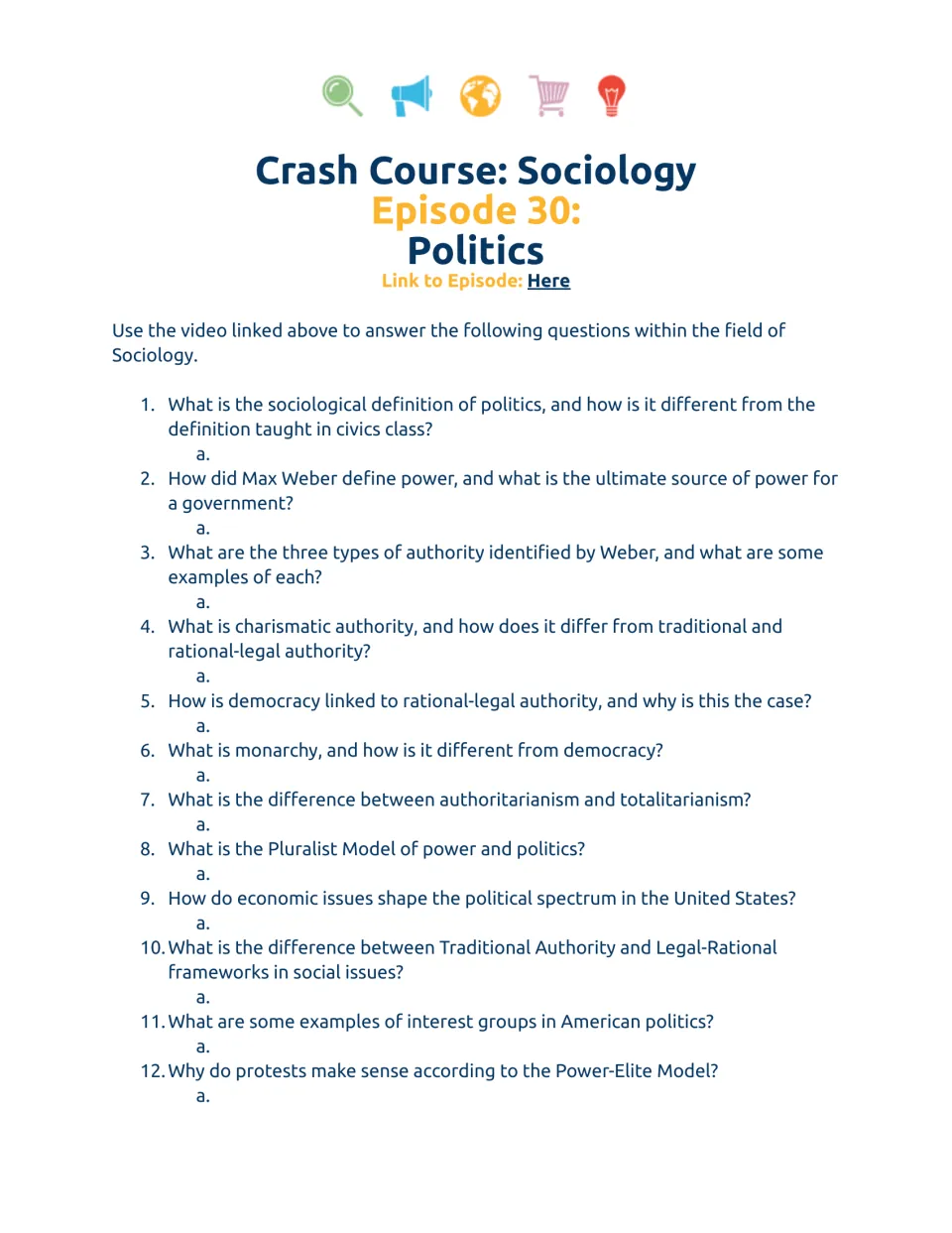 Video worksheet questions 1–12 on politics, Weber's authority types, democracy, and models of power.