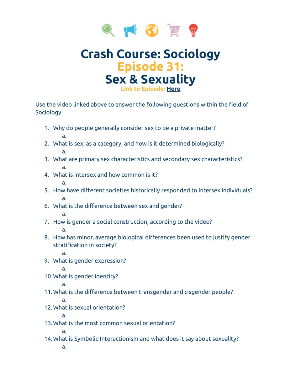 Video worksheet questions 1–14 on sex, gender, intersex, sexual orientation, and symbolic interactionism.