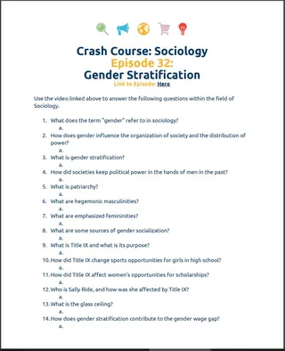 Crash Course Sociology #32: Gender Stratification Worksheet – cover