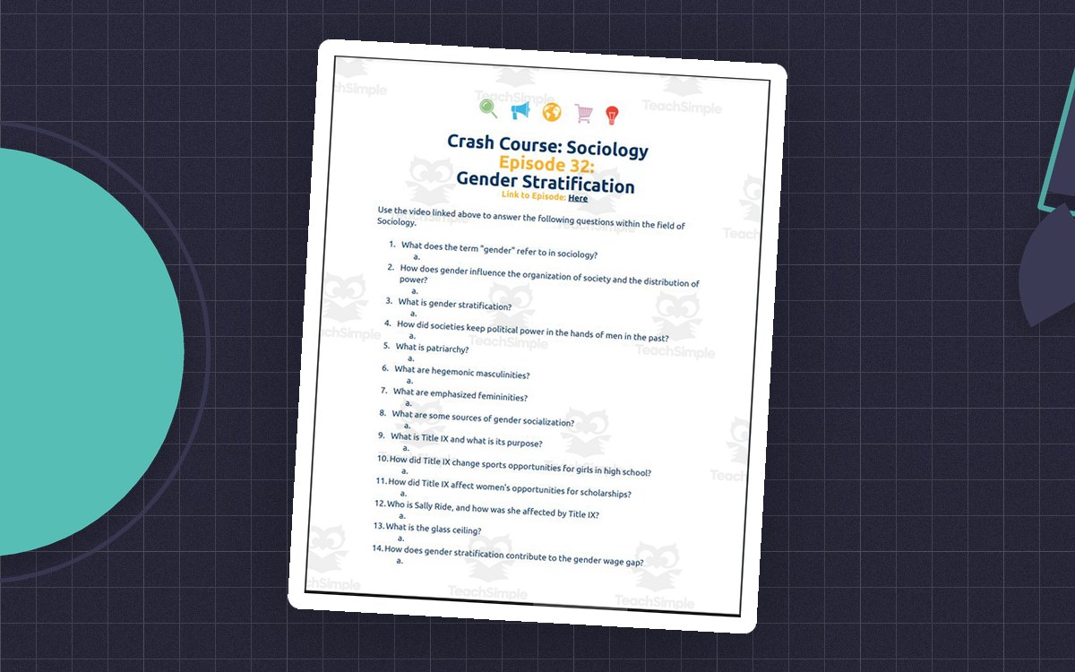 Crash Course Sociology Episode 32 student worksheet headed Gender Stratification with fifteen numbered questions.