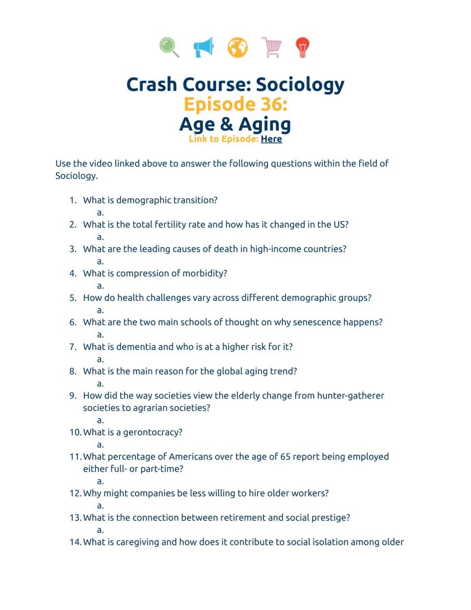 Video companion worksheet, questions 1–14 on demographic transition, health, aging, retirement, and caregiving.