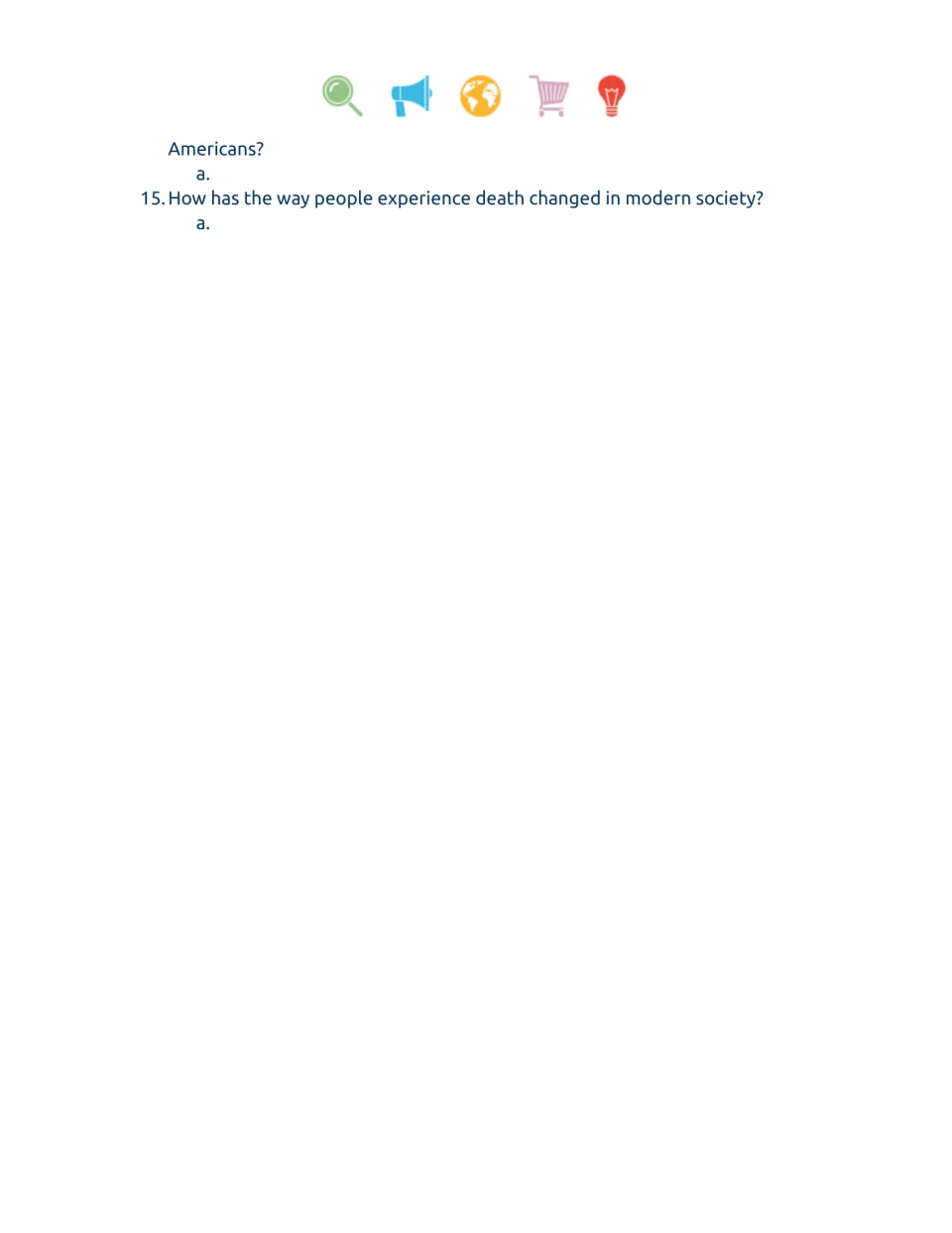 Video companion worksheet continuation: question 14 on caregiving and question 15 on death in modern society.
