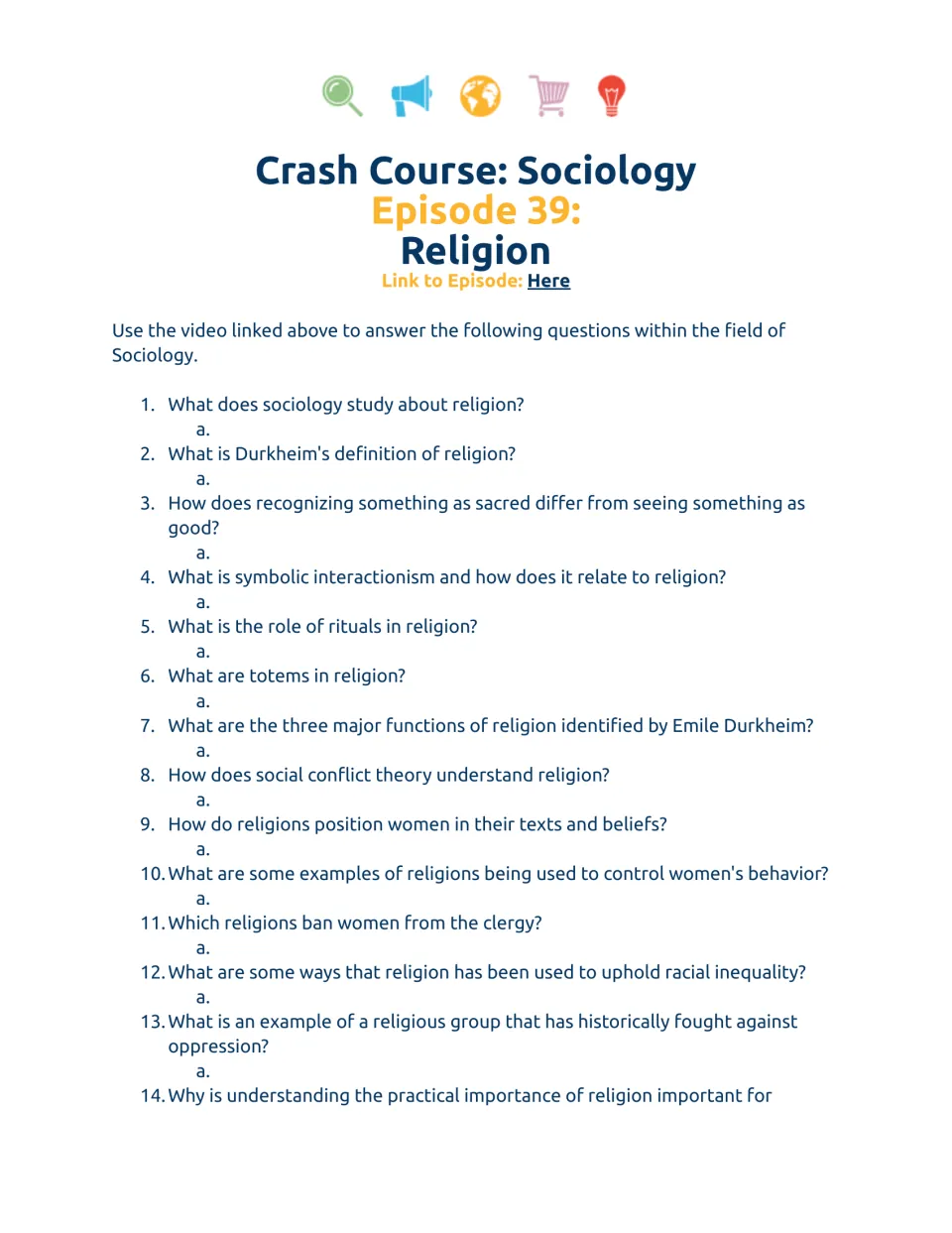 Religion video worksheet, questions 1–14 on Durkheim, rituals, religious functions, gender, and race.