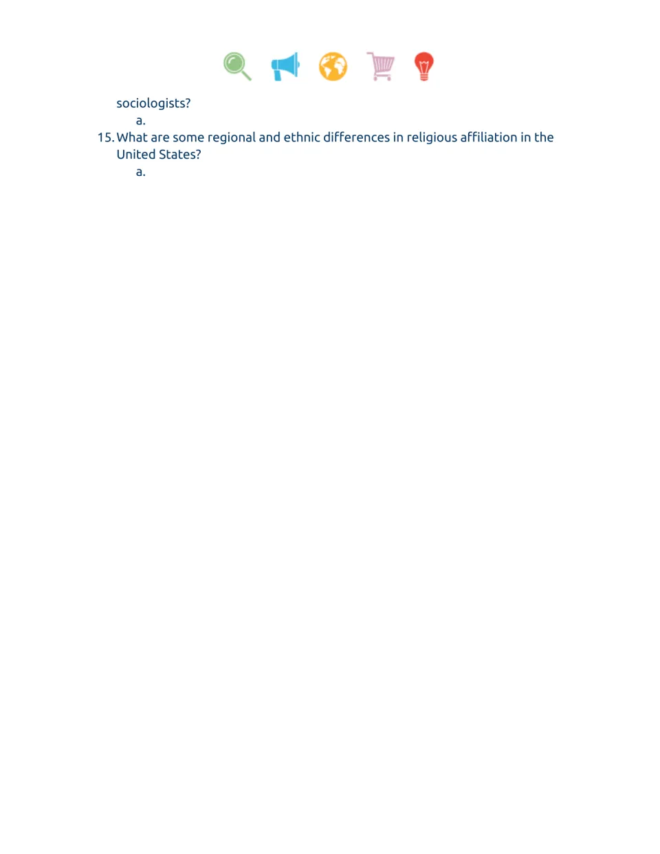 Religion worksheet continuation: question 14 ends, followed by question 15 on U.S. religious affiliation.