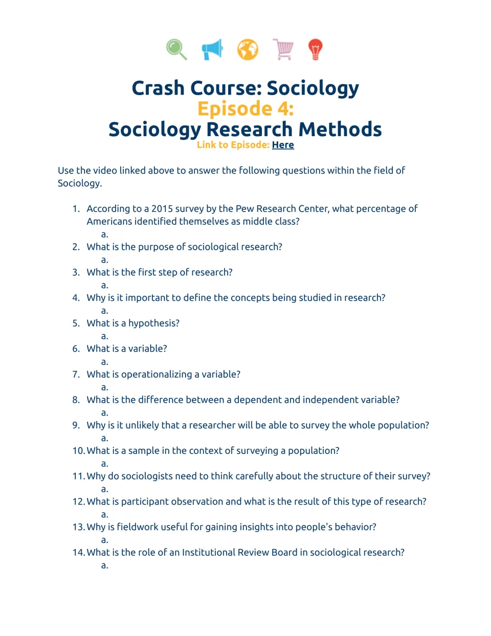 Sociology research methods video questions 1-14: students define hypothesis, variables, sampling, fieldwork and IRBs
