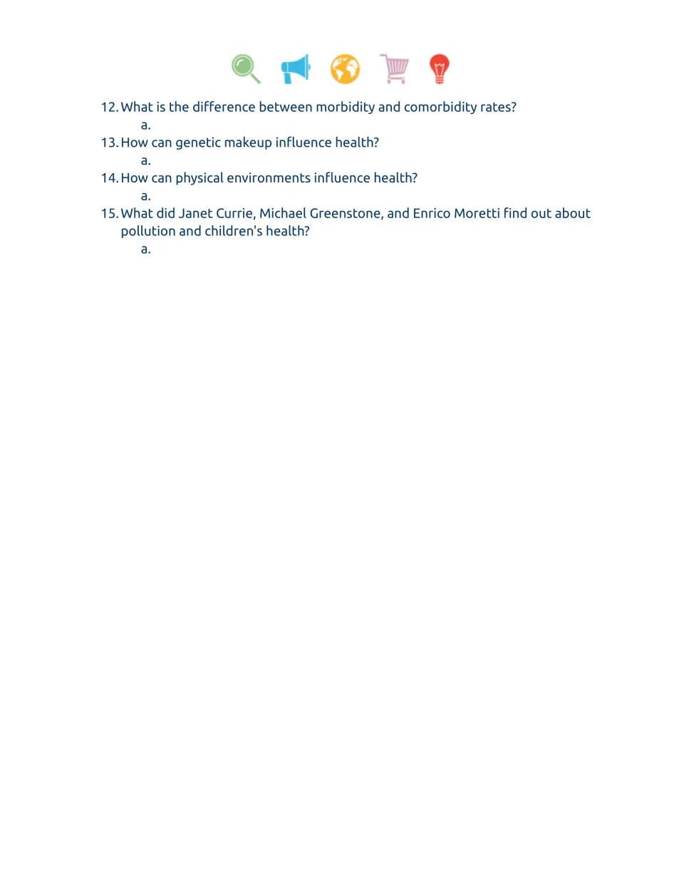 Population health worksheet, questions 12–15 on morbidity, genetics, physical environments, and pollution.