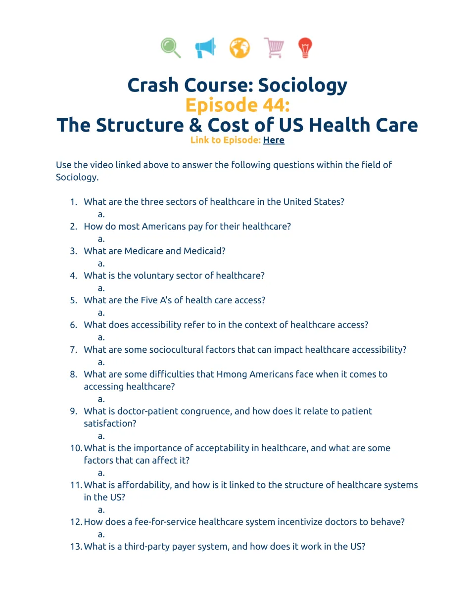 Video worksheet questions 1–13 on US healthcare sectors, access, affordability, and third-party payers