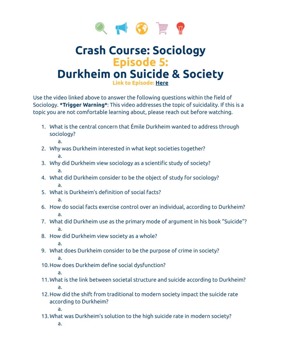 Student worksheet questions 1–13 on Durkheim, social facts, crime, social dysfunction, and suicide rates.