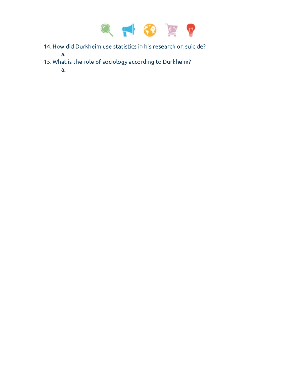 Student worksheet questions 14–15 on Durkheim's use of suicide statistics and the role of sociology.