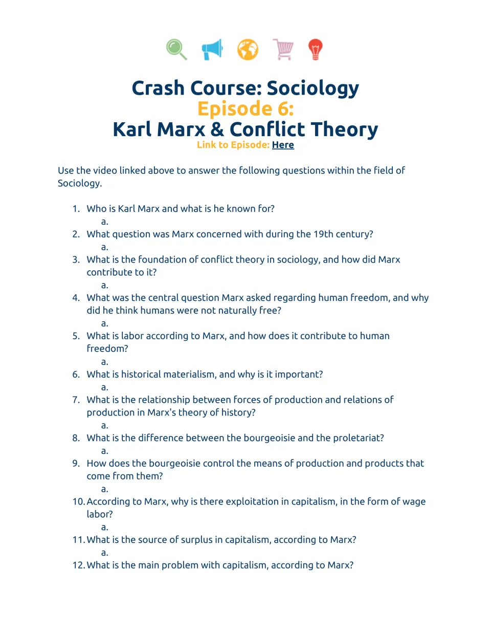 Student worksheet questions 1–12 on Karl Marx, conflict theory, freedom, labor, and capitalist exploitation.