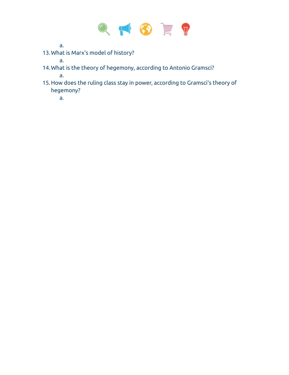 Student worksheet questions 13–15 on Marx's model of history and Antonio Gramsci's theory of hegemony.
