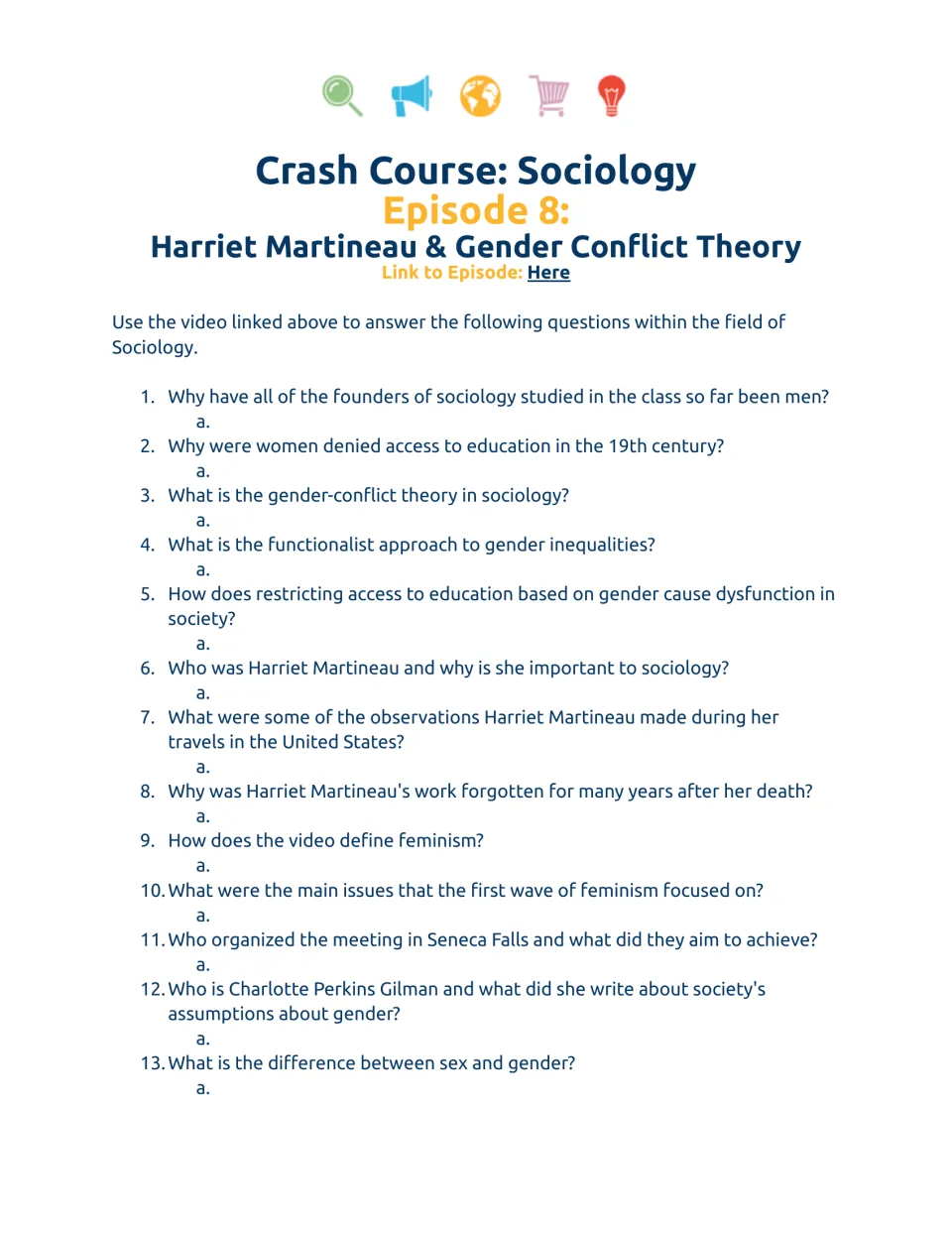 Video companion worksheet, questions 1–13 on Harriet Martineau, gender conflict theory, and feminism.