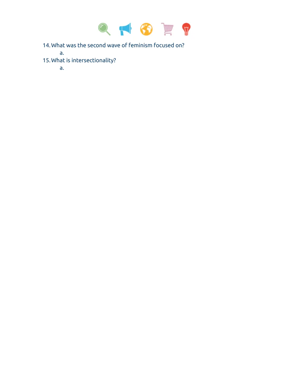 Video companion worksheet, questions 14–15 on the second wave of feminism and intersectionality.