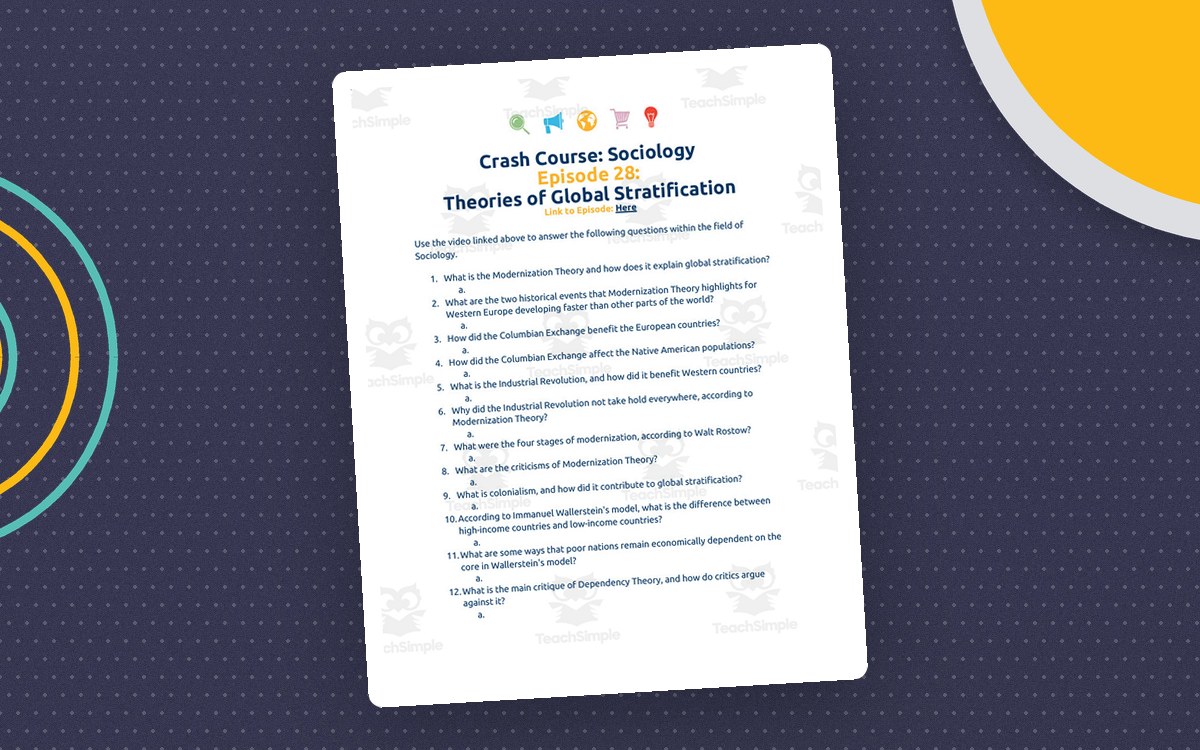 Crash Course Sociology Episode 28 worksheet titled Theories of Global Stratification with fifteen questions.