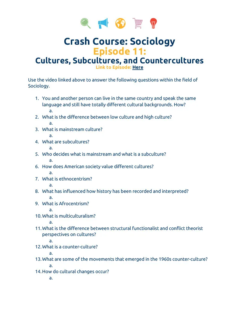 Crash Course Sociology Episode Worksheet | 11 - Cultures, Subcultures, &… – cover