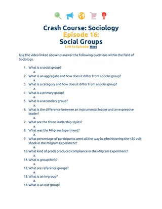 Crash Course Sociology Episode Worksheet | 16 - Social Groups – cover