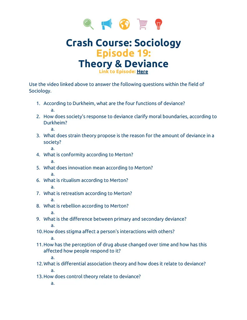 Crash Course Sociology Episode Worksheet | 19 - Theory & Deviance – cover