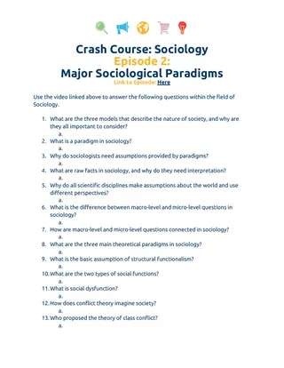 Crash Course Sociology Episode Worksheet | 2 - Major Sociological Paradigms – cover
