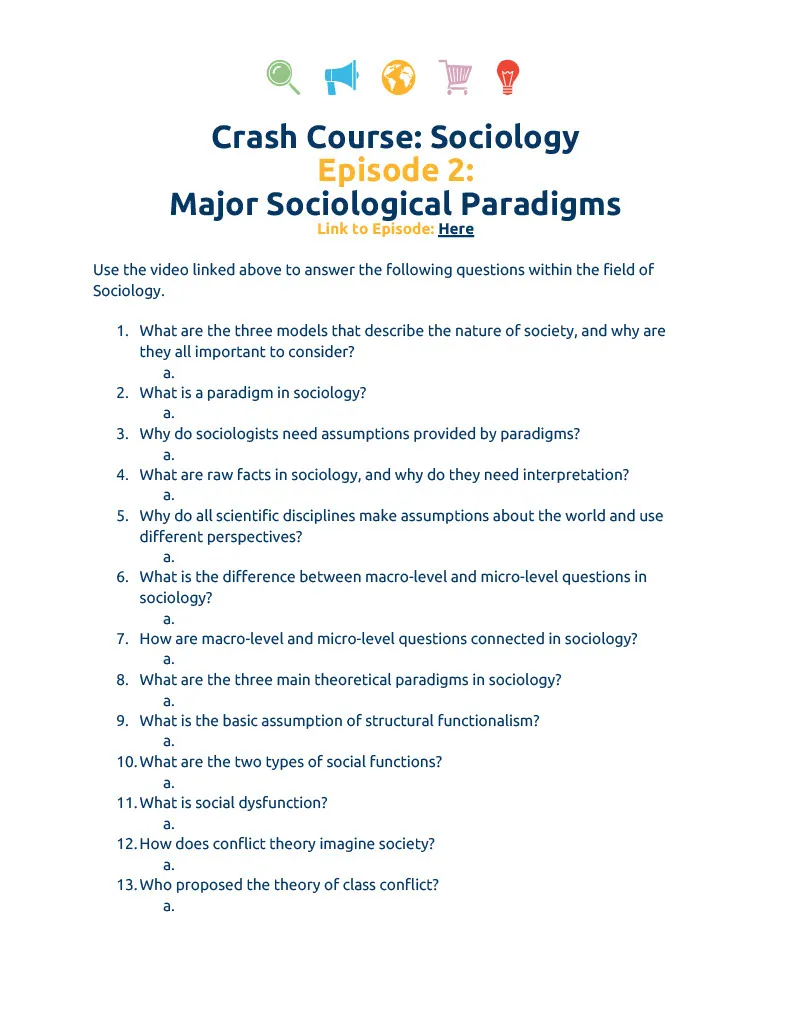 Crash Course Sociology Episode Worksheet | 2 - Major Sociological Paradigms – cover