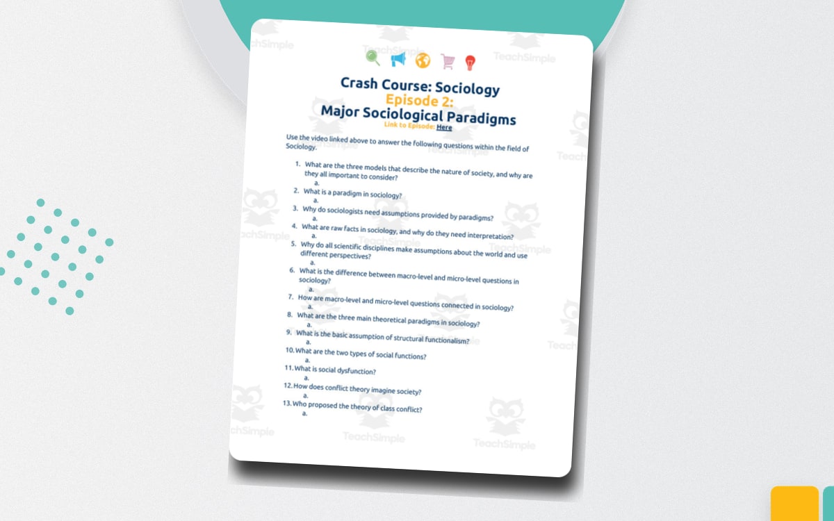 Crash Course Sociology worksheet page titled Major Sociological Paradigms with numbered questions.