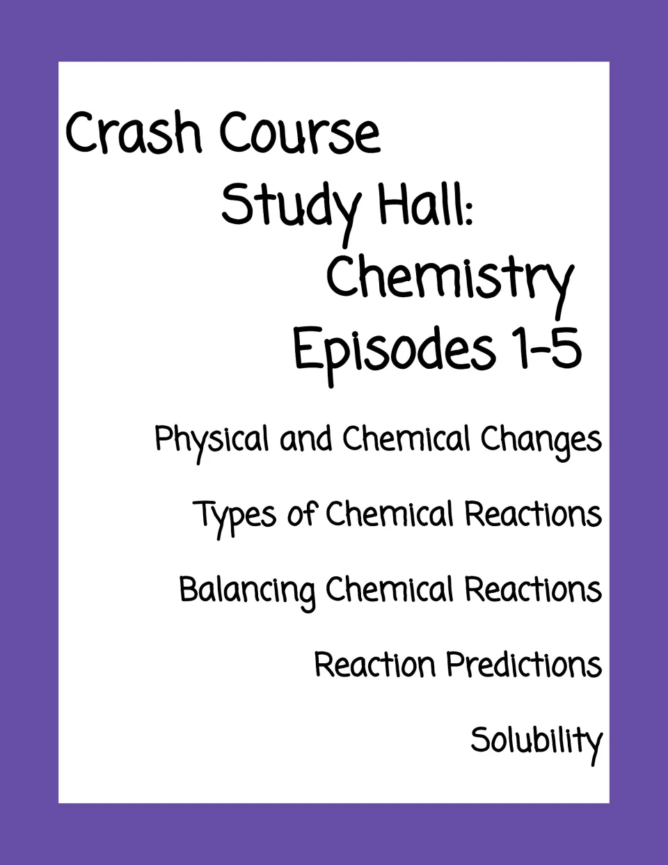 Chemistry packet cover for episodes 1–5, listing physical and chemical changes, reactions, and solubility