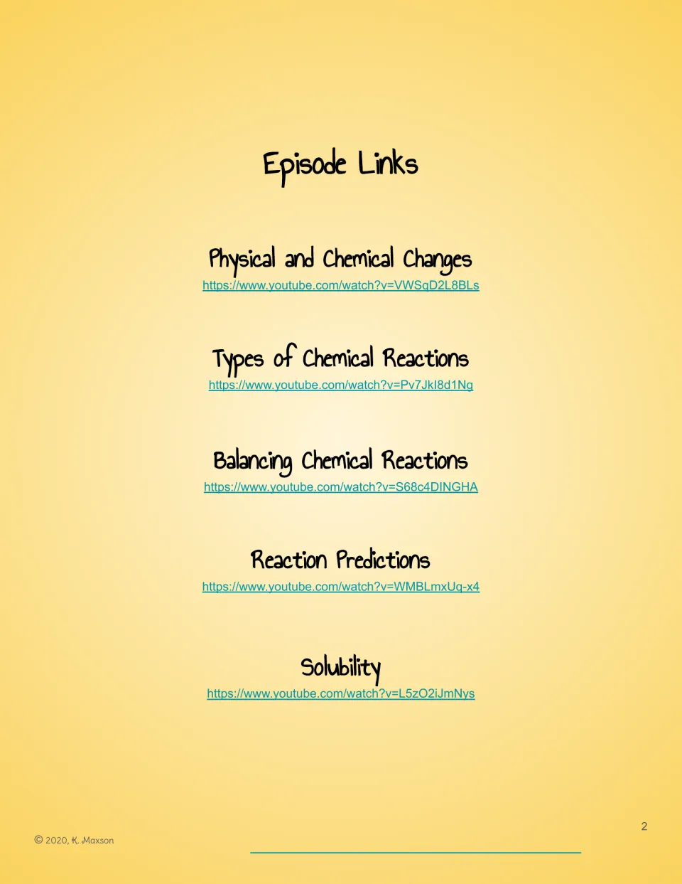 Episode links for five chemistry videos on changes, reaction types, balancing, predictions, and solubility