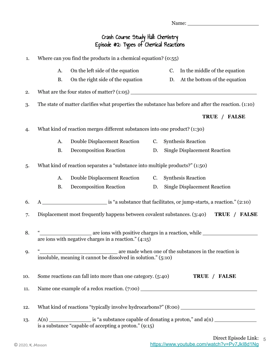 Episode 2 timestamped guide: 13 questions on reaction types, catalysts, ions, precipitates, acids, and bases