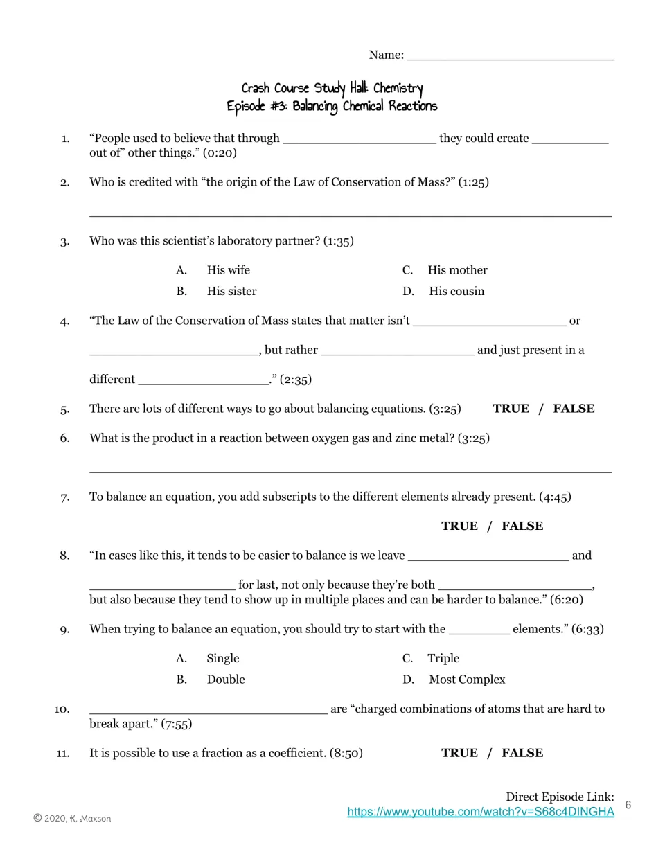 Episode 3 timestamped guide: 11 questions on conservation of mass, balancing equations, and polyatomic ions