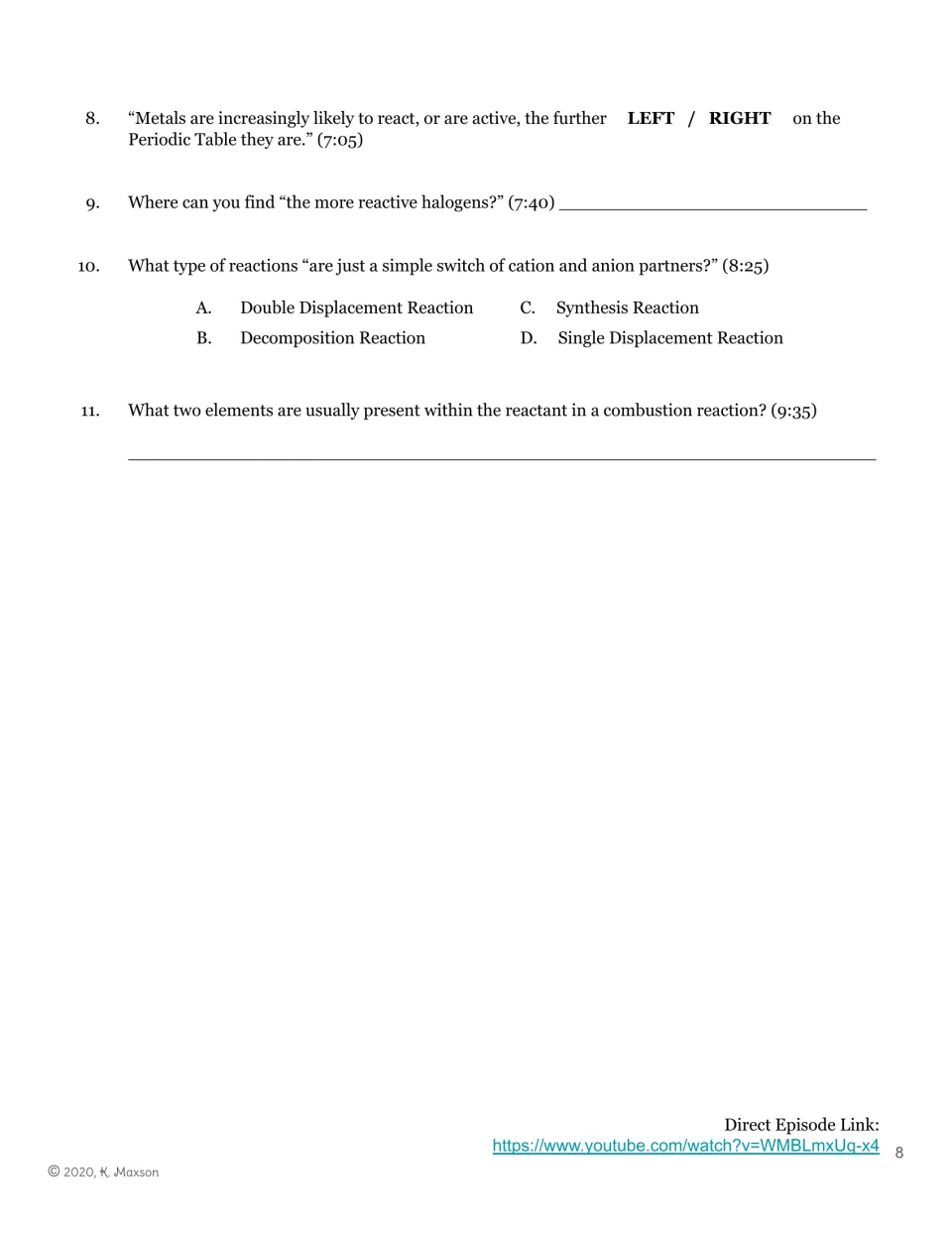 Episode 4 guide continuation, questions 8–11: metal and halogen reactivity, displacement, and combustion