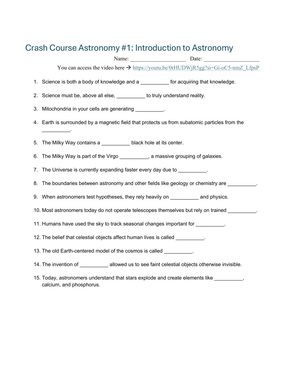Intro to astronomy video guide: students fill in 15 blanks on science, the Milky Way, dark energy and geocentrism