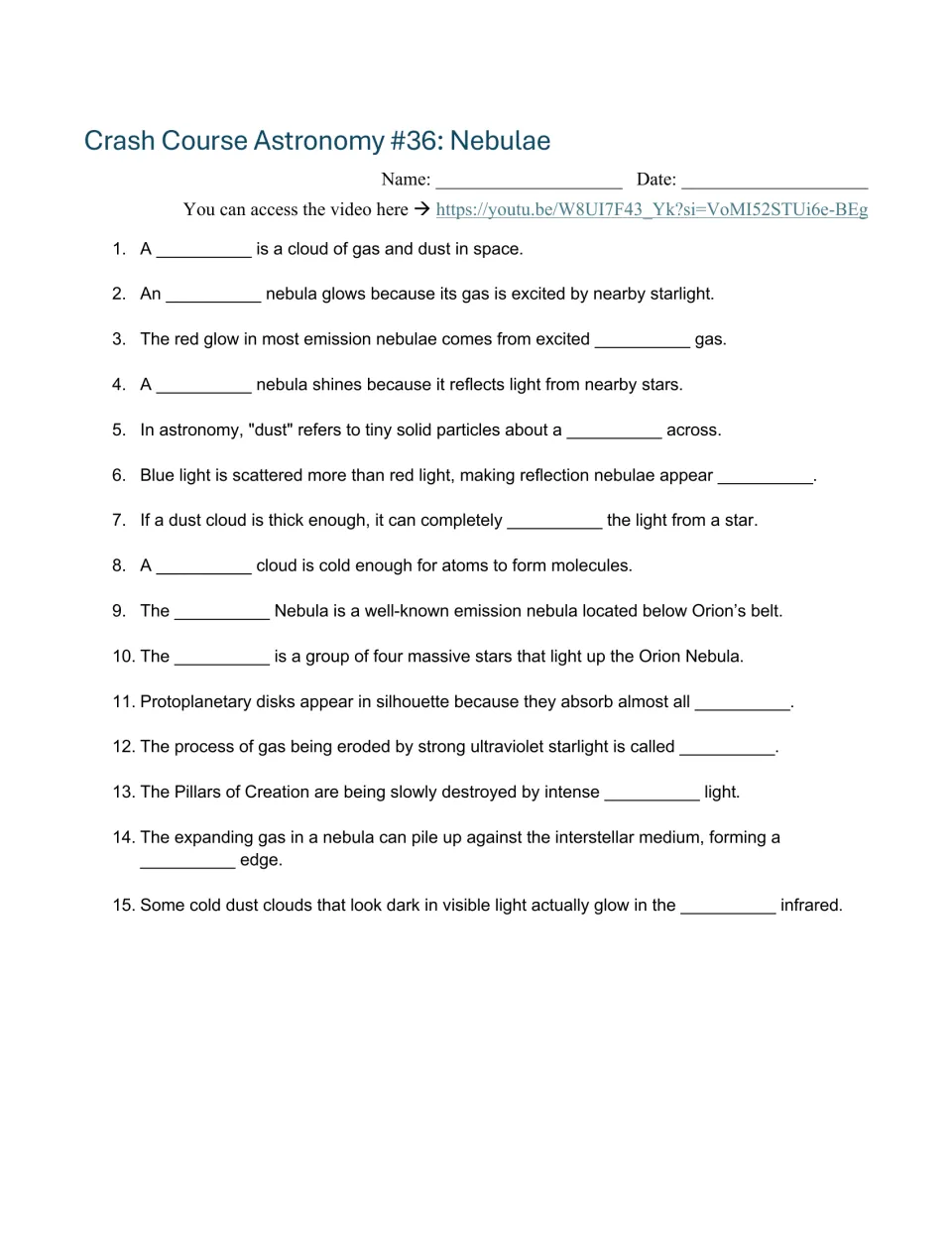 Video guide worksheet: 15 fill-in-the-blank questions on nebulae, starlight, dust, and molecular clouds