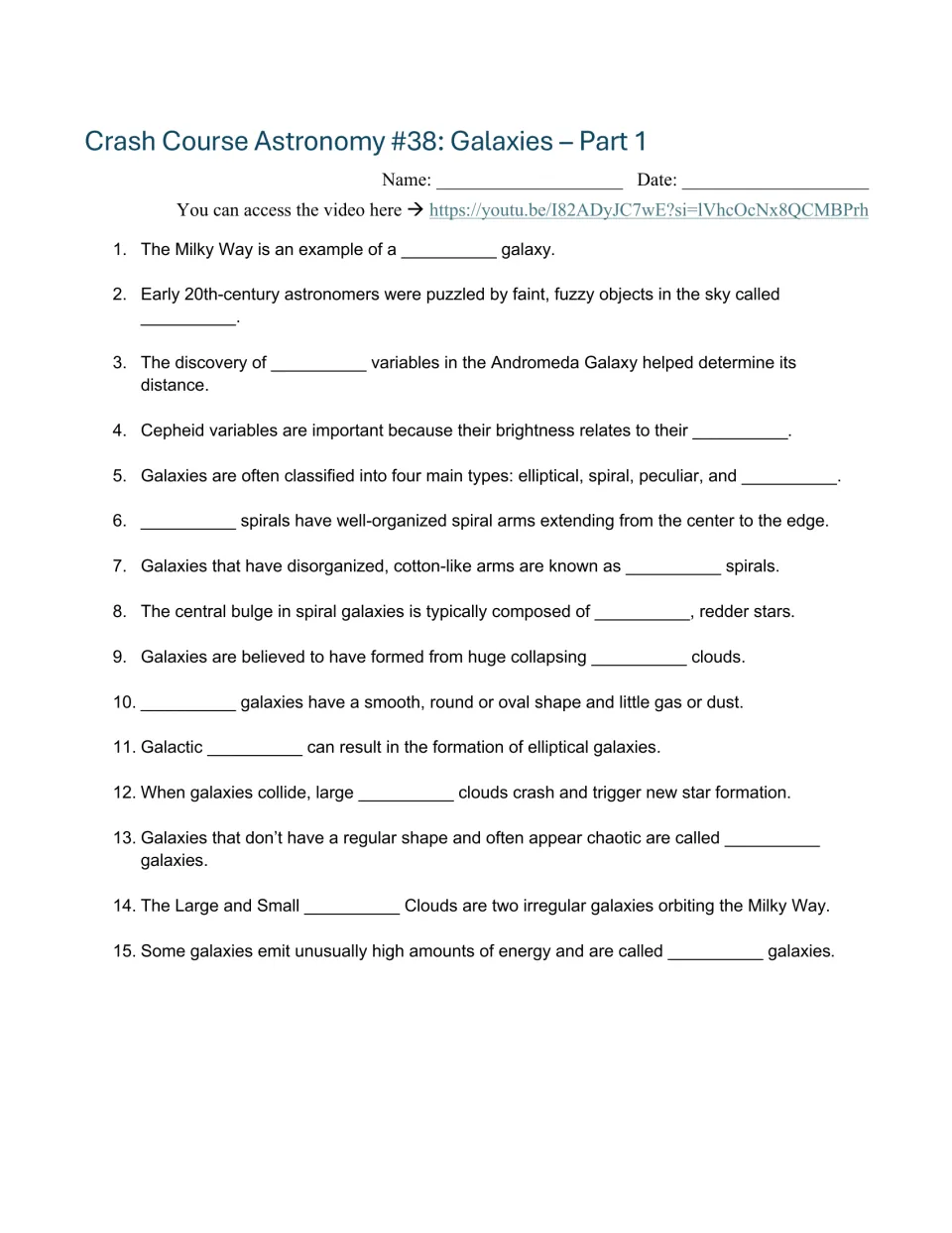 Video guide: 15 fill-in-the-blank questions on galaxy types, Cepheid variables, and galactic collisions